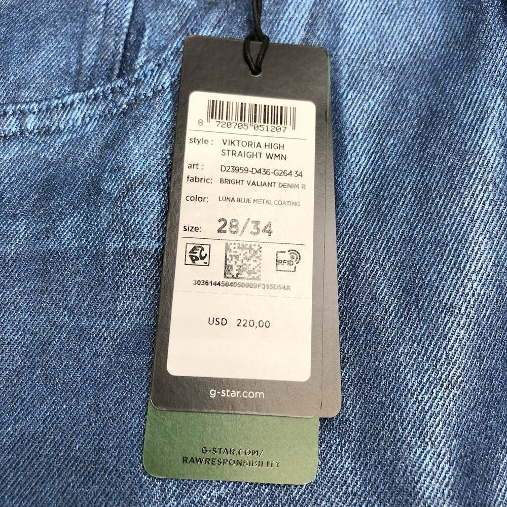 GStar Raw Viktoria High Rise Straight LUNA BLUE METAL Jeans Size 28 x 34 - Picture 2 of 12